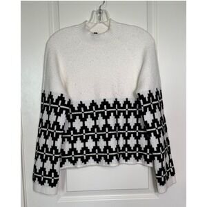 Divided Womens Sweater Small White Black‎ Geometric Mock Neck Knit Pullover